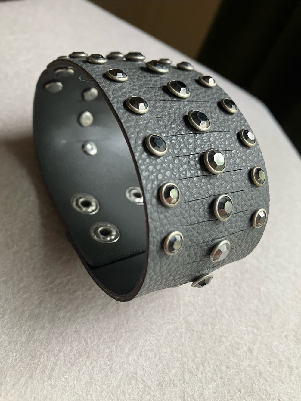 Charcoal gray rhinestone studded leather bracelet